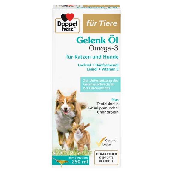 Illustration of the product packaging Doppelherz für Tiere OMEGA-3 ULEI PENTRU ARTICULAȚII PENTRU CÂINI ȘI PISICI front view